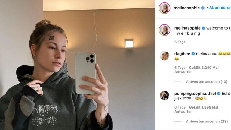 Influencerin Melina Sophie tattooed allegedly QR-Code on the forehead